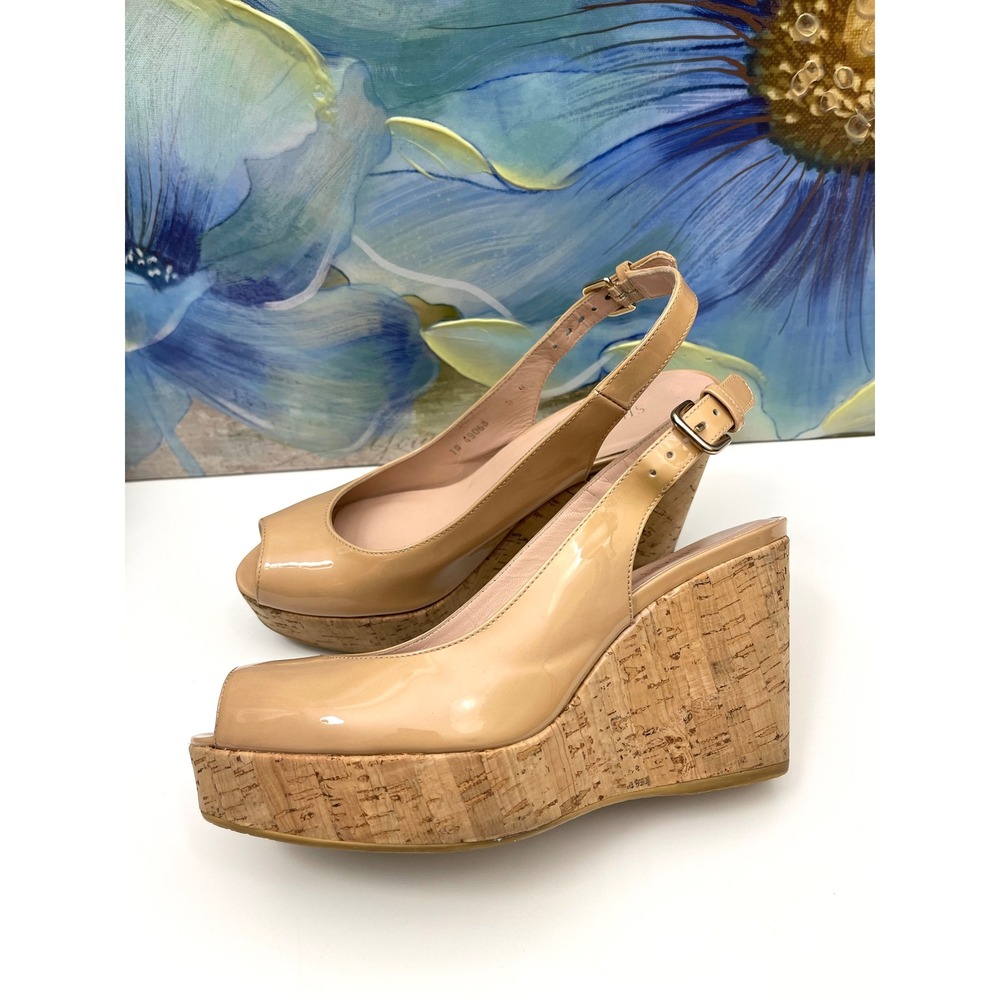 Stuart Weitzman Nude Patent Leather Cork Platform Wedge Peep Toe Sandals Size 6 - Picture 6 of 9